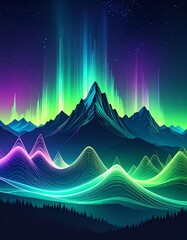 A vibrant digital artwork of mountains and colorful northern lights illuminating the night sky.