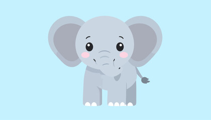 Fototapeta premium Cute gray baby elephant cartoon with big ears and pink cheeks, standing in a frontal view.