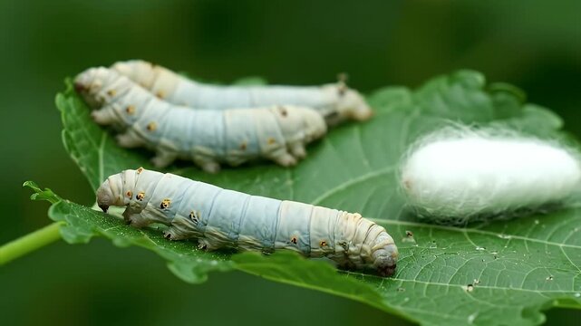 Silkworms and Cocoon on Green Leaf