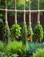 A beautiful display of fresh herbs hanging, showcasing the vibrant greens and textures in a natural setting.