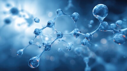 A detailed view of interconnected molecules in a vibrant blue environment. The visual emphasizes the complexity of atomic bonds and the fluidity of molecular structures.