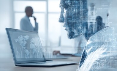 Blurred businessman, digital overlay, world map