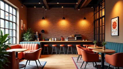 Stylish cafe interior with warm lighting, brick wall, and comfortable seating, perfect for modern businesses