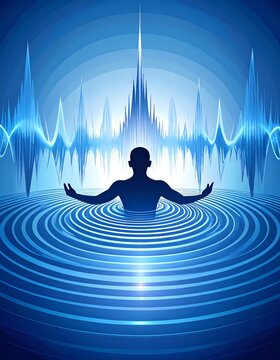 A serene silhouette meditating in waves, surrounded by sound waves and blue tones, representing tranquility and focus.