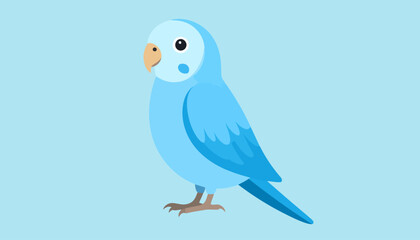 Adorable blue budgerigar cartoon illustration. A cute parakeet with a tan beak and cheek patch, standing in profile.