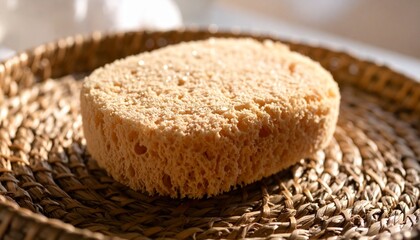 Natural sea sponge resting on a round woven tray bathed in warm sunlight, suggesting sustainable beauty and self-care with a touch of rustic elegance.
