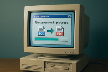 Vintage Conversion in Progress: A classic desktop computer screen displays a file conversion in progress, featuring a doc to pdf icon and a loading bar, embodying the evolution of technology.