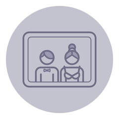 Line icon of couple in formal attire. Person in tuxedo and another in dress, showing classic representation of partnership and elegance