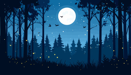 Mystical night forest scene with silhouetted trees, a bright full moon, and glowing fireflies.