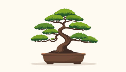 Stylized Japanese bonsai tree illustration with a gracefully curved trunk and vibrant green foliage in a brown pot.