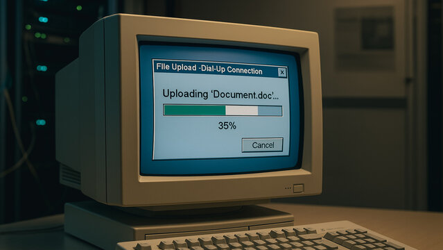Old Computer Uploading: A vintage computer monitor displays a file upload in progress, evoking nostalgia for early digital technology. Capturing the essence of data transfer.