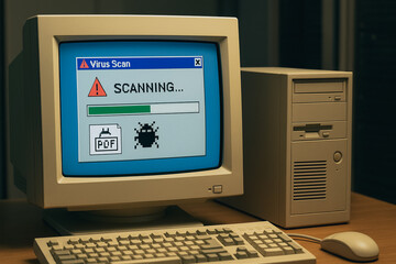 Retro Computer Virus Scan: A vintage computer displays a virus scan in progress, with an old-school monitor, keyboard, and mouse. A visual metaphor for cybersecurity threats in the digital age.