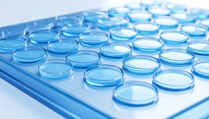 A close-up of a lab tray holding numerous small, round, translucent blue-tinted dishes filled with a similar liquid