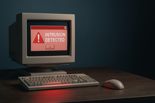 Intrusion Detected: A vintage computer displays a red alert warning of a detected intrusion, symbolizing digital security threats. 
