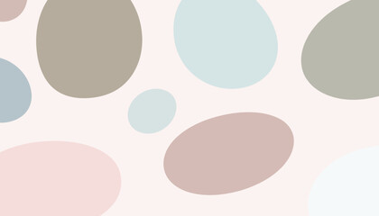 Modern abstract pattern with organic, pebble-like shapes in a calm, muted color palette of pink, blue, and brown.