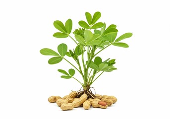 Peanut plant with green leaves and peanuts in shells on a white background