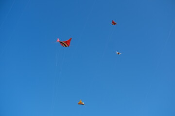 Colorful Kites Flying in Bright Blue Sky