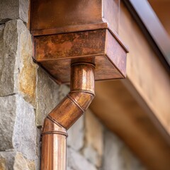 Detailed view shows beautiful copper rainwater collection system seamlessly integrated into luxury home architecture perfect for water conservation concepts.