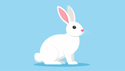 Obraz premium Cute white cartoon rabbit sitting in profile with long pink ears and a fluffy tail. Flat vector style illustration of a bunny.