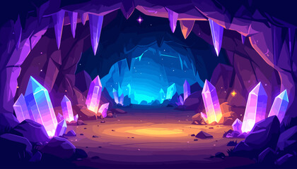 Enchanted crystal cave with glowing purple gemstones and a mysterious blue light.