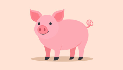 Cute pink cartoon piglet with a friendly smile, curly tail, and black hooves, standing happily.