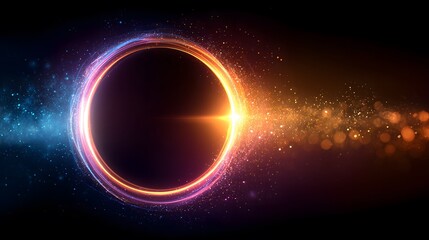 Naklejka premium Abstract glowing eclipse ring with colorful energy bursts in a dark space background, symbolizing cosmic power, light phenomena, futuristic design, and sci-fi digital art.