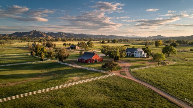 Aerial view of entire ranch complex with red barn, white farmhouse, and fenced pastures in early morning light, property scale, perfect for real estate and agricultural investment concept.