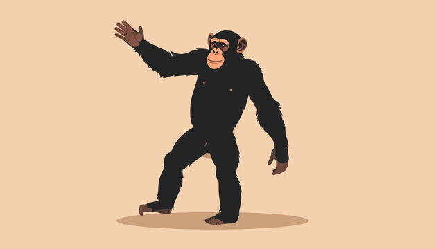 Friendly cartoon chimpanzee standing upright and waving its hand in a welcoming gesture.