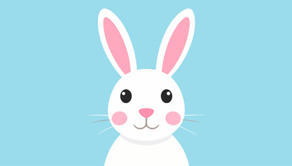 Fototapeta premium Cute white cartoon bunny with long pink ears and rosy cheeks. A smiling rabbit character in a minimalist flat design style.