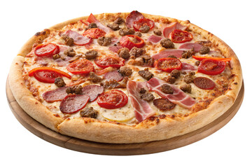 Meat lovers pizza with pepperoni, ham, sausage, capers, cherry tomatoes on cheese base, isolated on a transparent background