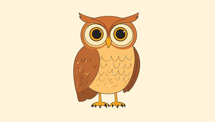 Stylized brown cartoon owl with large yellow eyes, prominent ear tufts, and a feathered body.