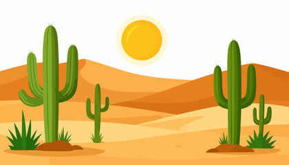 A vibrant, flat illustration of a desert landscape with saguaro cacti, rolling sand dunes, and a bright sun.