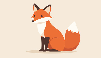 Obraz premium A stylized cartoon red fox sitting calmly, featuring orange fur, a white-tipped bushy tail, and pointed ears in a flat design.