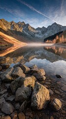 Misty mountain lake reflecting the sunrise, rocks in the foreground, clear water.