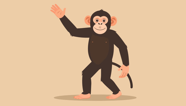 A friendly cartoon chimpanzee with dark brown fur, standing and waving with a happy smile.