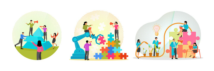 People connect the elements of pyramid. With Robotics in Puzzle Assembly. Problem Solving and Ideas.