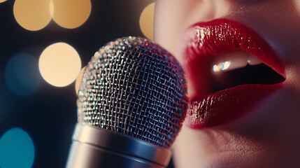 Close up of singer lips as they passionately articulate into microphone, surrounded by colorful bokeh lights, creating engaging atmosphere