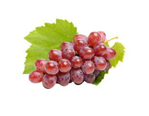 Fototapeta premium Lush bunch of ripe red grapes with a vibrant green vine leaf.