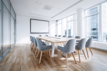 Fototapeta premium White modern conference room with large blank screen, light wood floors and grey chairs