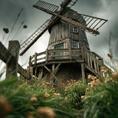 Rustic Windmill Surrounded by Green Grass Under Dramatic Sky
