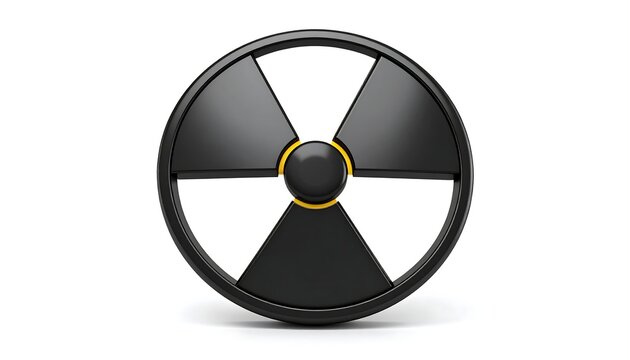 A 3D rendered black and yellow radiation symbol against a white background
