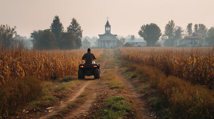 Obraz premium A farmer on a penguin ATV rides through the cornfield. In the background, there is his farm with a barn and a church.