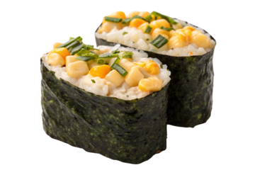 Corn and vegetable sushi rolls wrapped in nori seaweed with green onions and yellow kernels, isolated on a transparent background