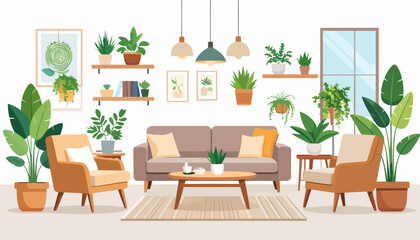 Cozy living room interior with modern furniture and numerous green houseplants in a flat vector style.