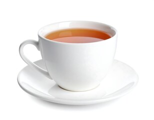 A filled teacup and saucer on a white background