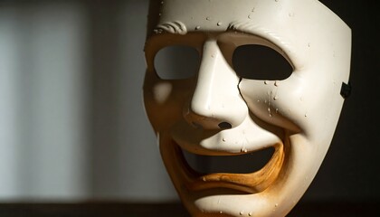 A close-up of a white comedic/tragic mask, showing water droplets and subtle discoloration