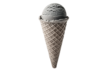 Single scoop black activated charcoal ice cream in brown waffle cone, isolated on a transparent background