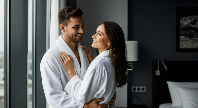 A loving couple in white bathrobes smiling and embracing by a window in a hotel room. - Powered by Adobe