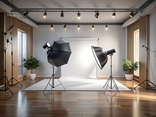 Modern Photography Studio Setup with White Backdrop and Professional Lighting Equipment