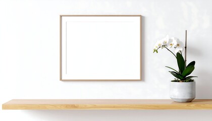 A light wood shelf holds a light grey pot with a white orchid, next to a square wood frame on a white wall